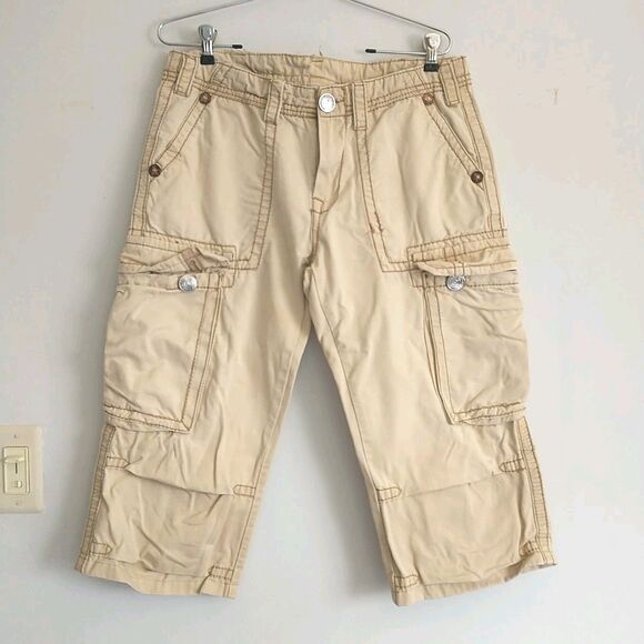 True Religion Capri Pants Mens 32 Yellow Tan Cargo Western Logo 34x19" - Picture 1 of 12